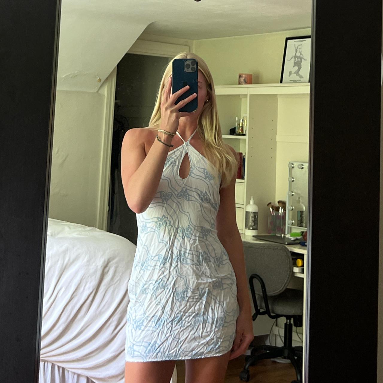 blue and white pacsun LA hearts halter dress worn. Depop