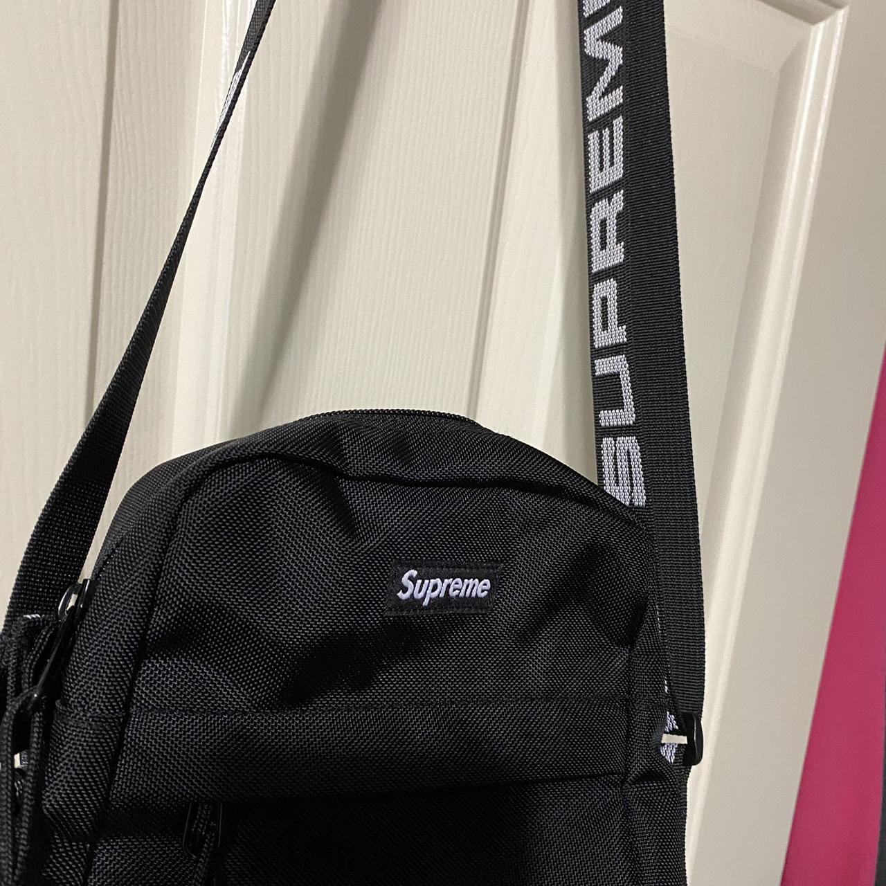 Supreme shoulder bag ss18 black with logo on strap , - Depop