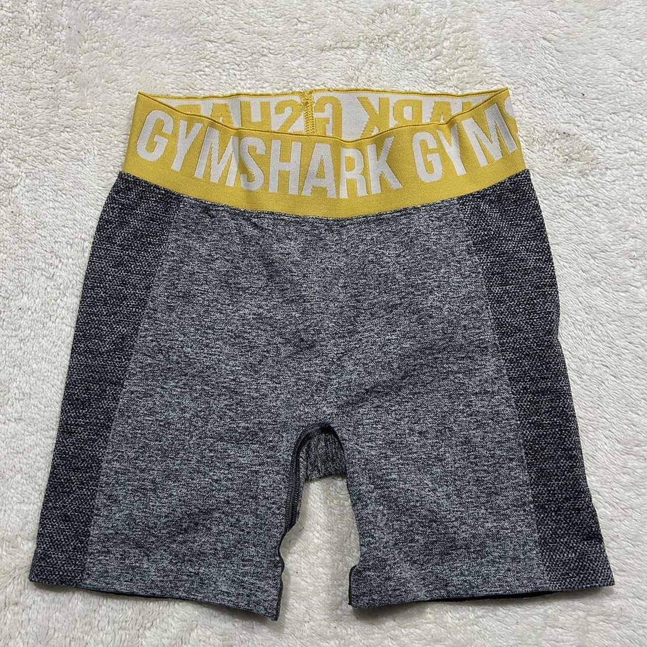 gray gym shark flex gym shorts with yellow band Size - Depop
