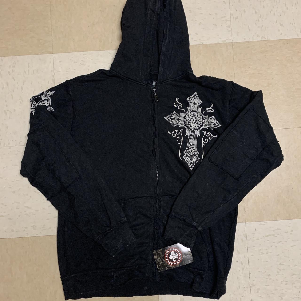 black/white affliction distressed hoodie size XL... - Depop