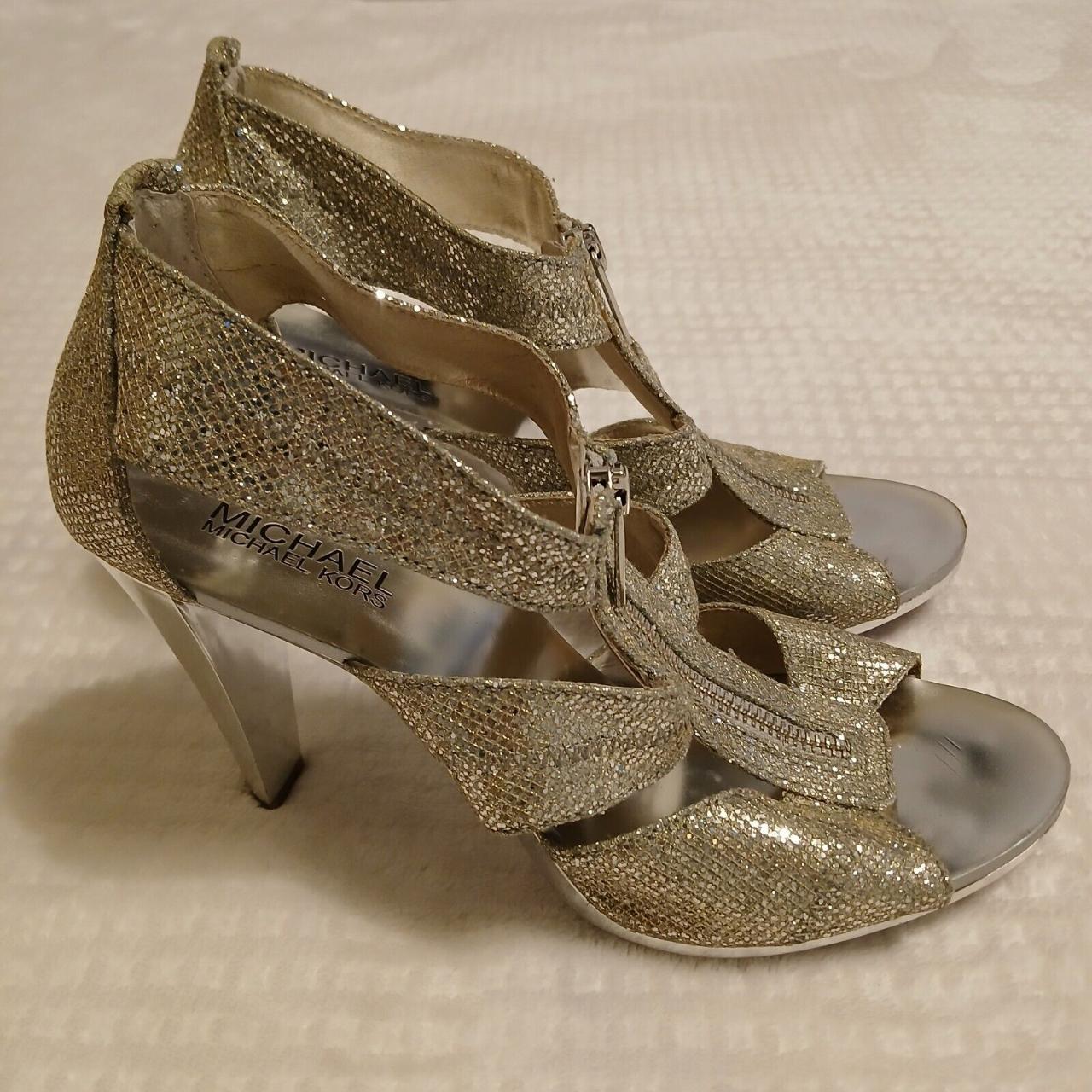 Michael Kors Size 9M Berkley T Strap Silver Glitter. Depop