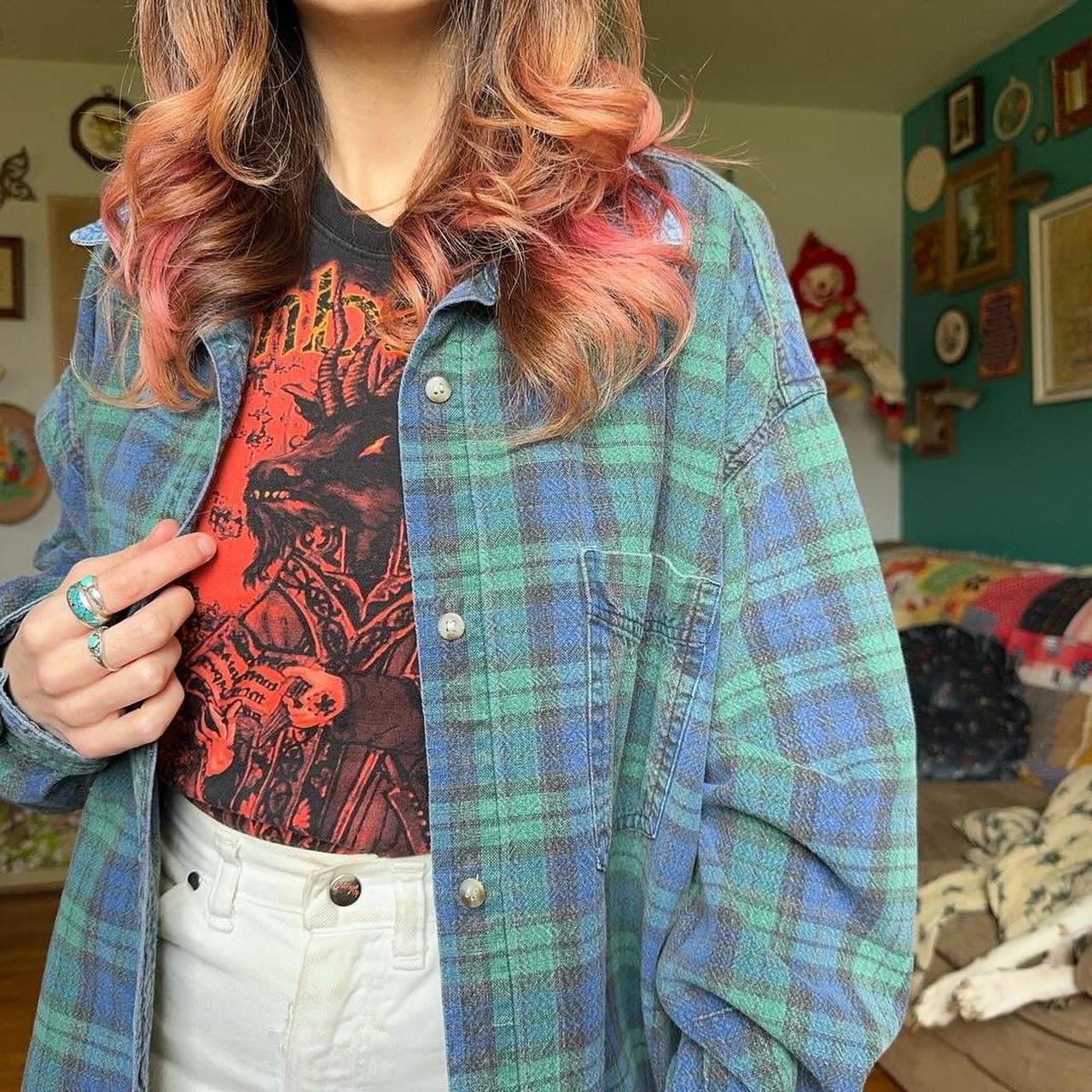 Vintage 1990 blue and green plaid button down shirt... - Depop