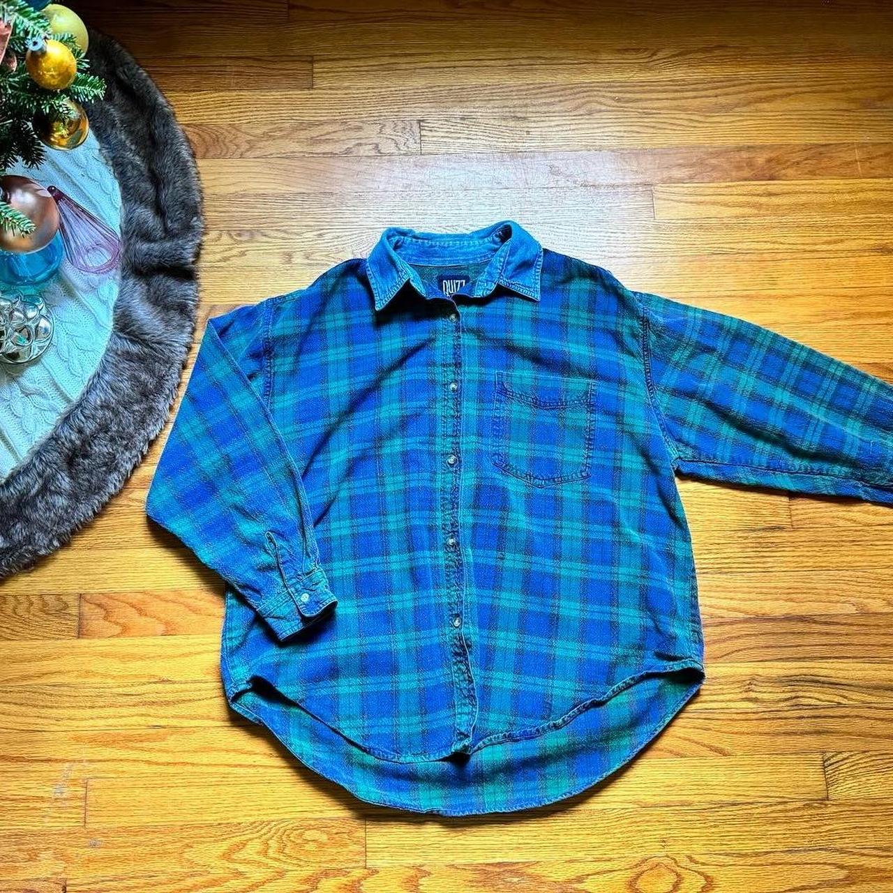 Vintage 1990 blue and green plaid button down shirt... - Depop