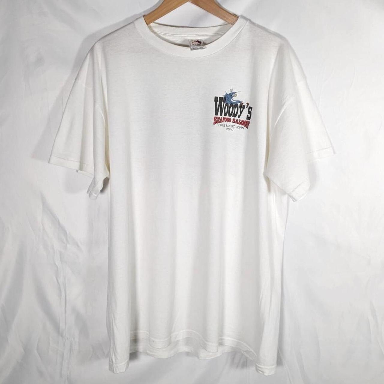 White graphic T-shirt Woodys Seafood Saloon XL P2P... - Depop