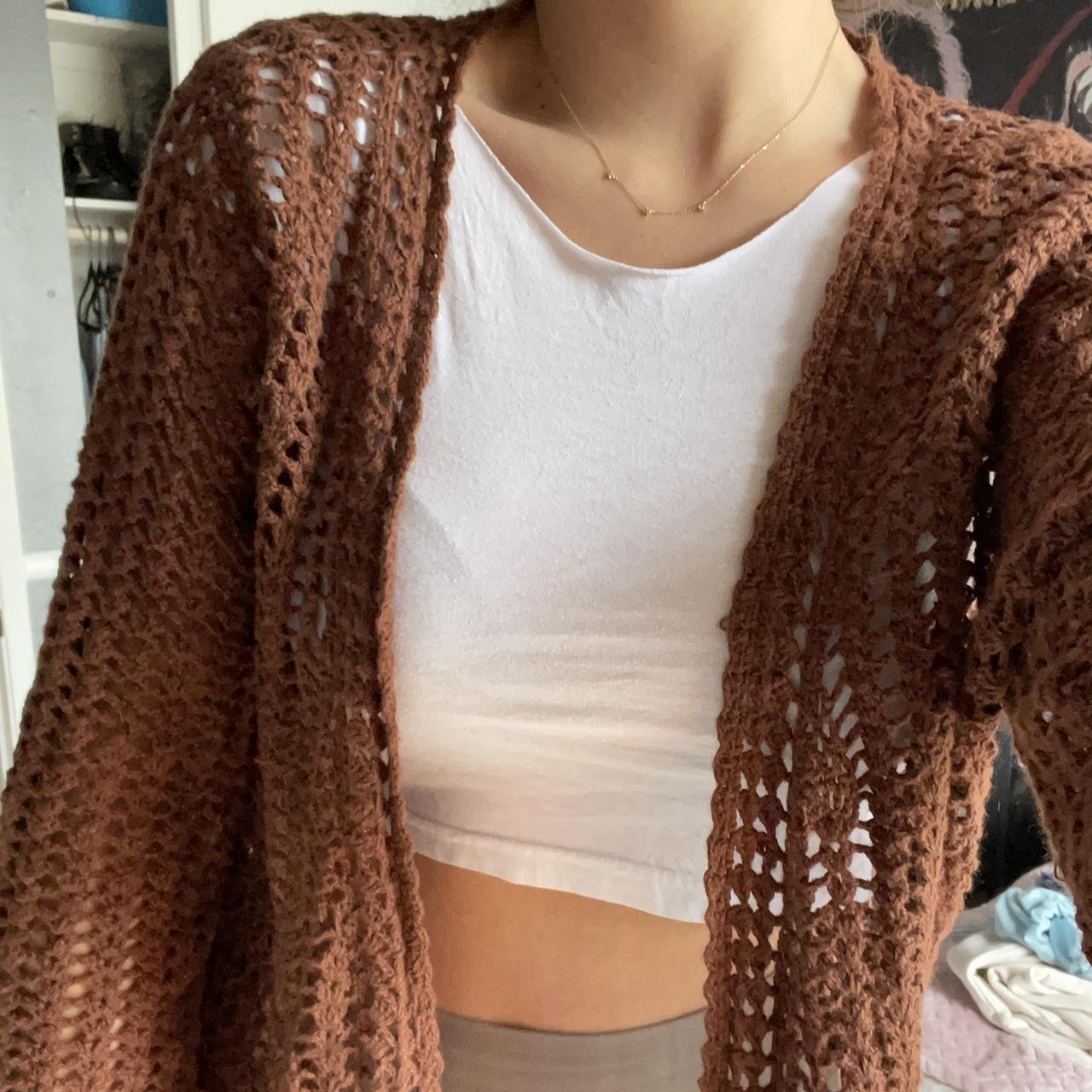 Brown crochet cardigan with a button 3 in great Depop