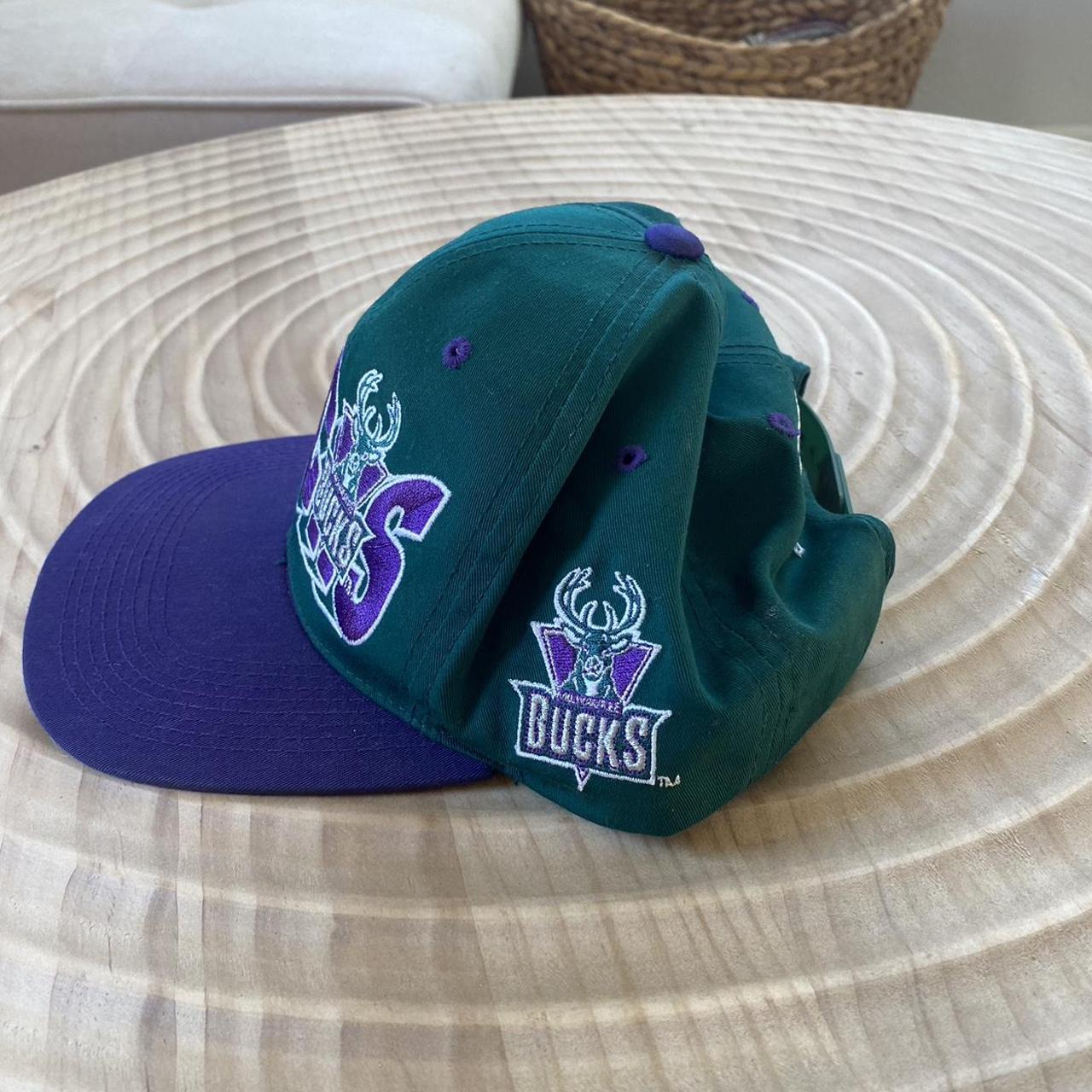 Vtg Rare NBA Milwaukee Bucks G Cap Green Purple Script Wave Snapback Hat Cap