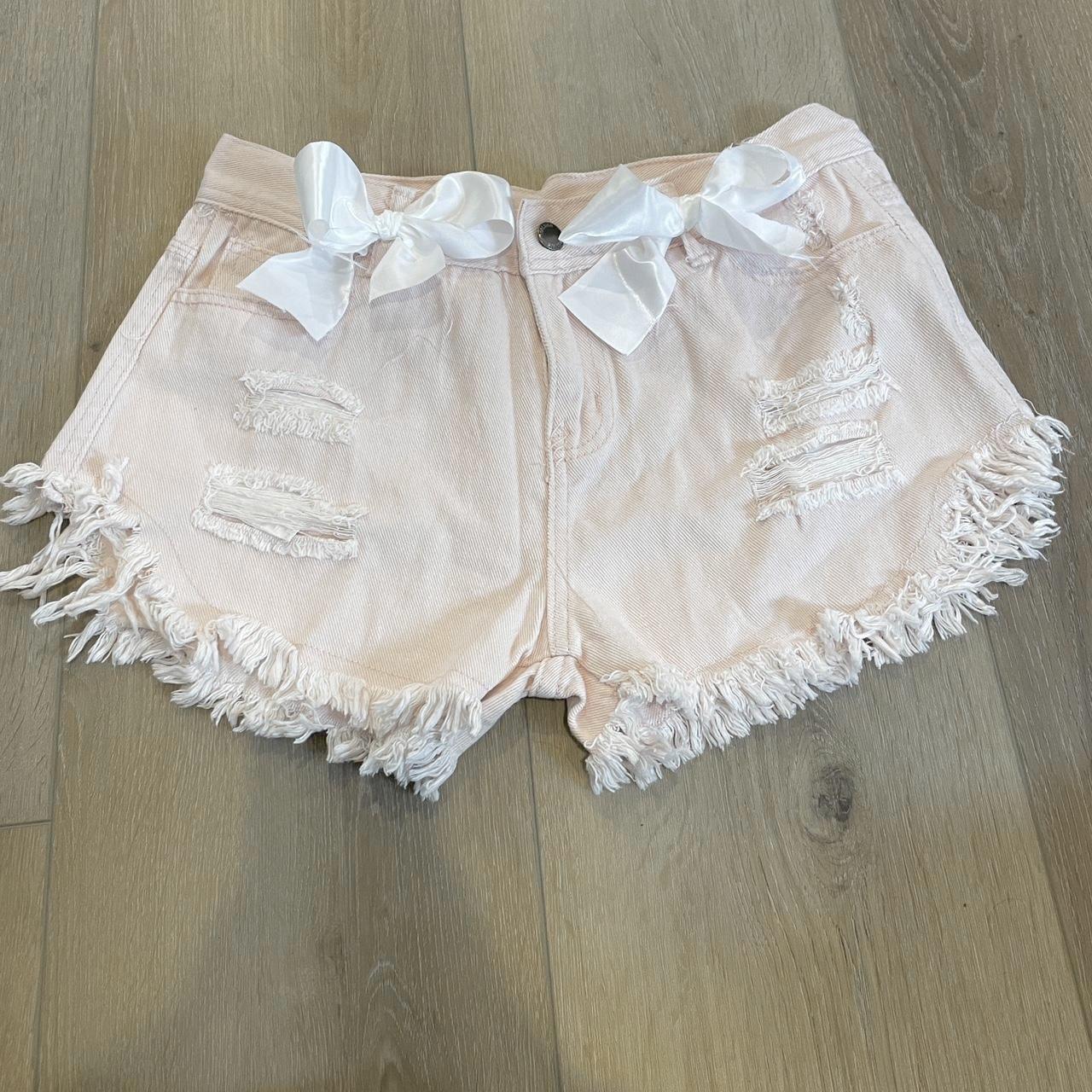 pink denim short shorts with white satin bows! Y2k... - Depop