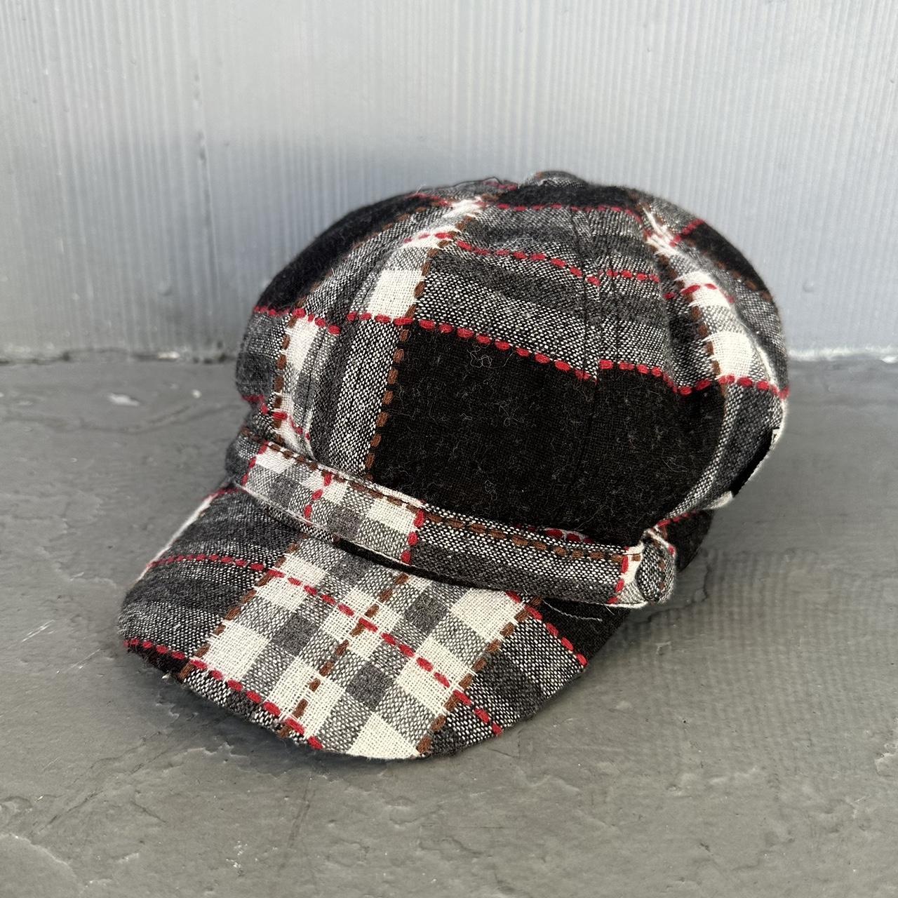 Y2K Newsboy Conductor Plaid Hat Gray White Red OS... Depop