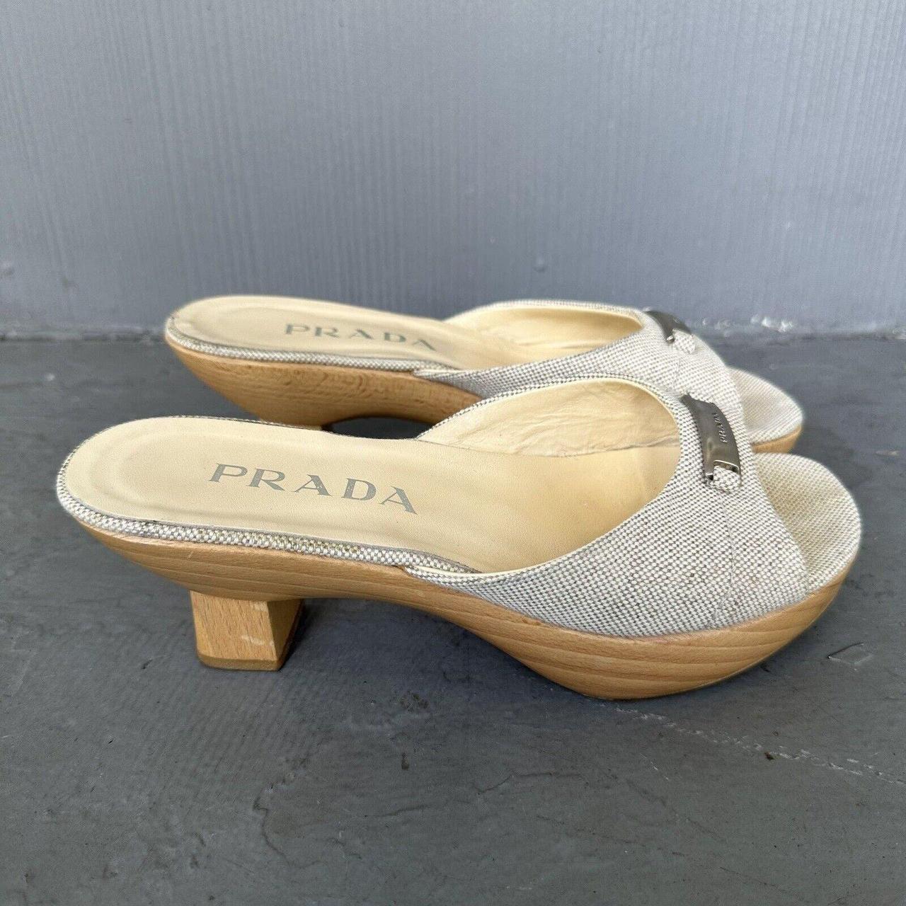 Prada Vintage Wood Block Canvas Sandal Beige Depop