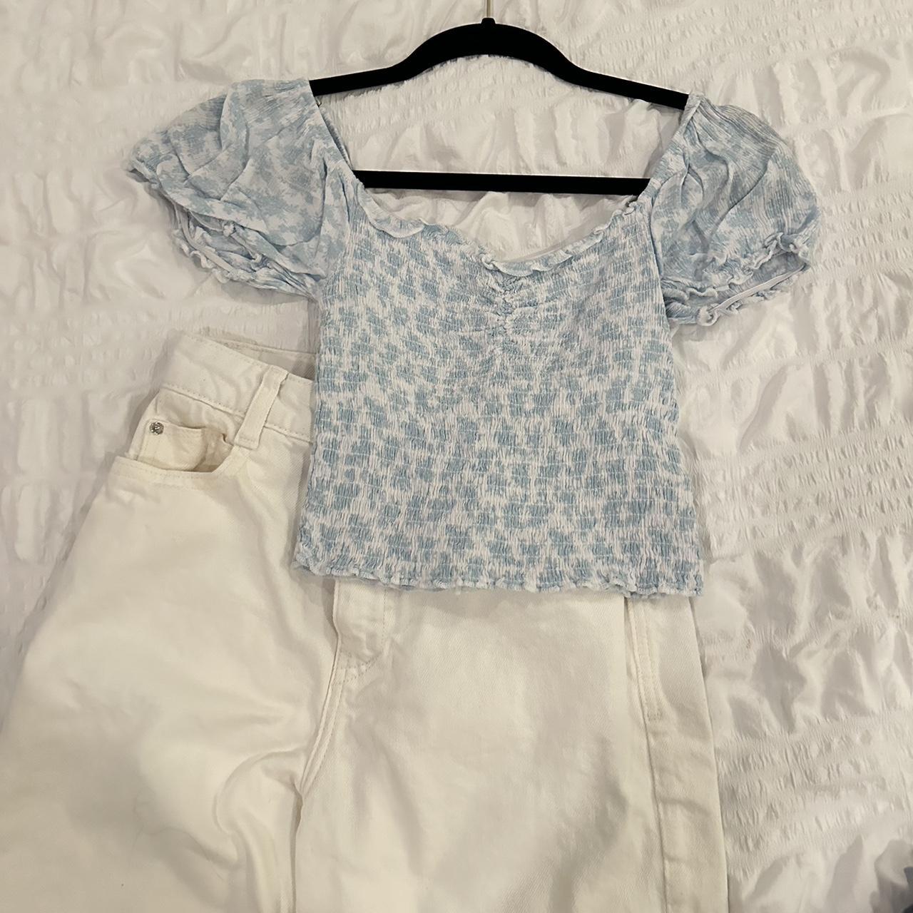 Light blue puff sleeve top, smocked, worn twice... - Depop