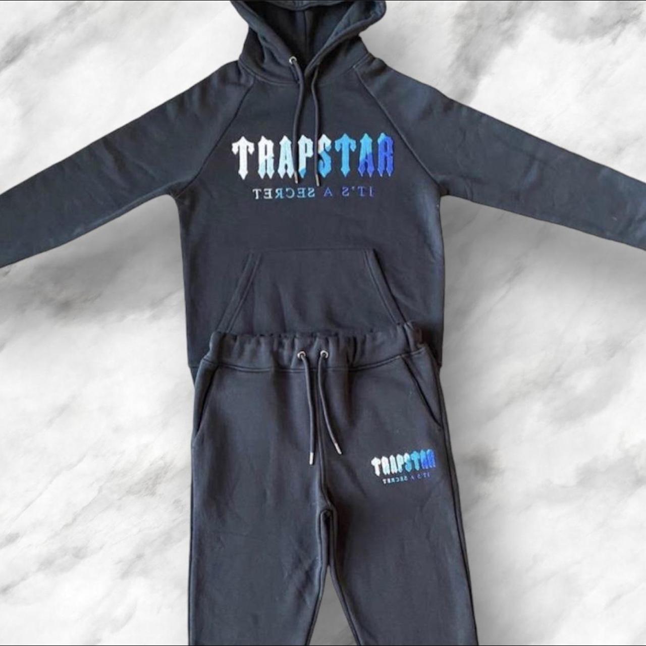 Trapstar Men's Black and Blue Hoodie Depop