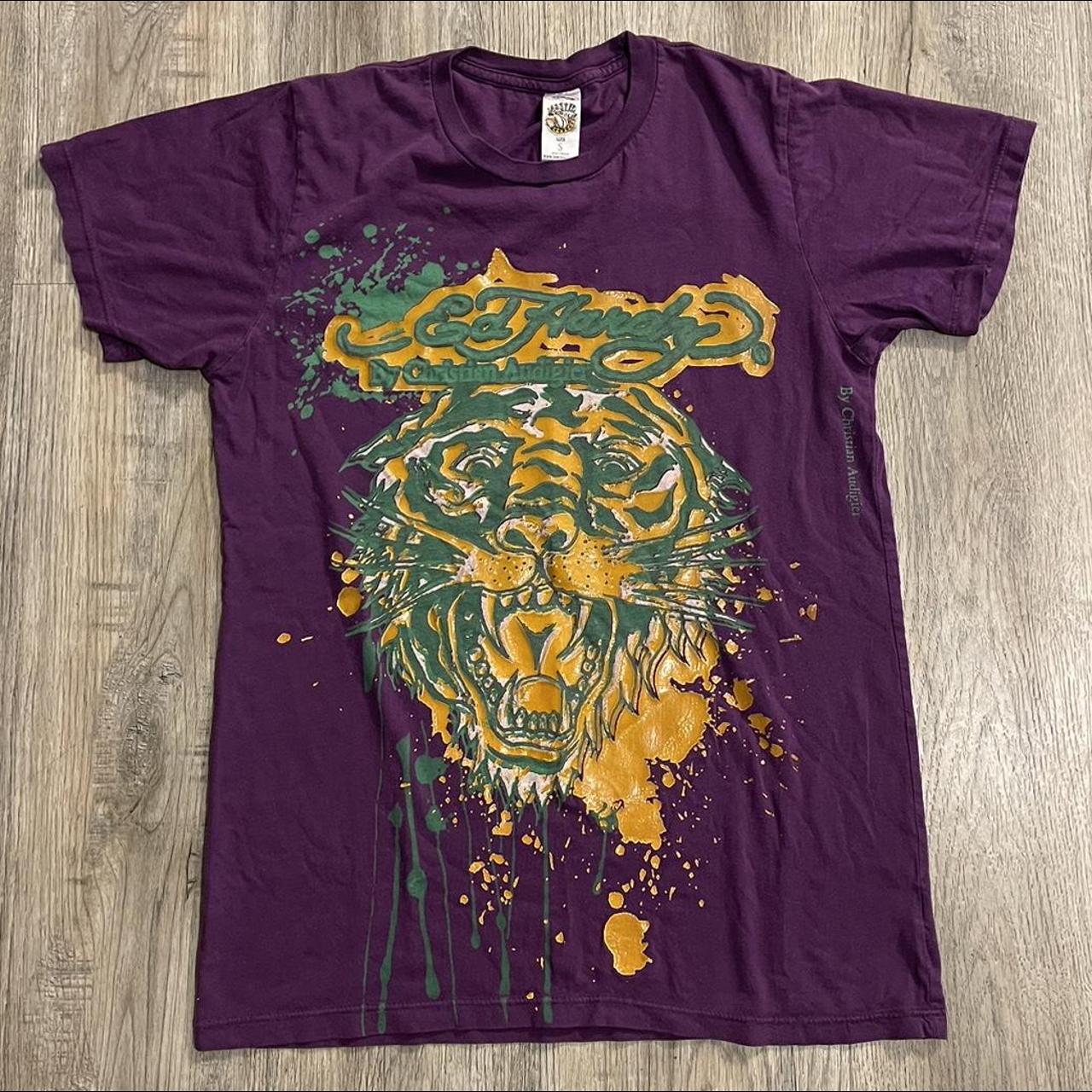 Ed Hardy Women's Purple and Orange Tshirt Depop