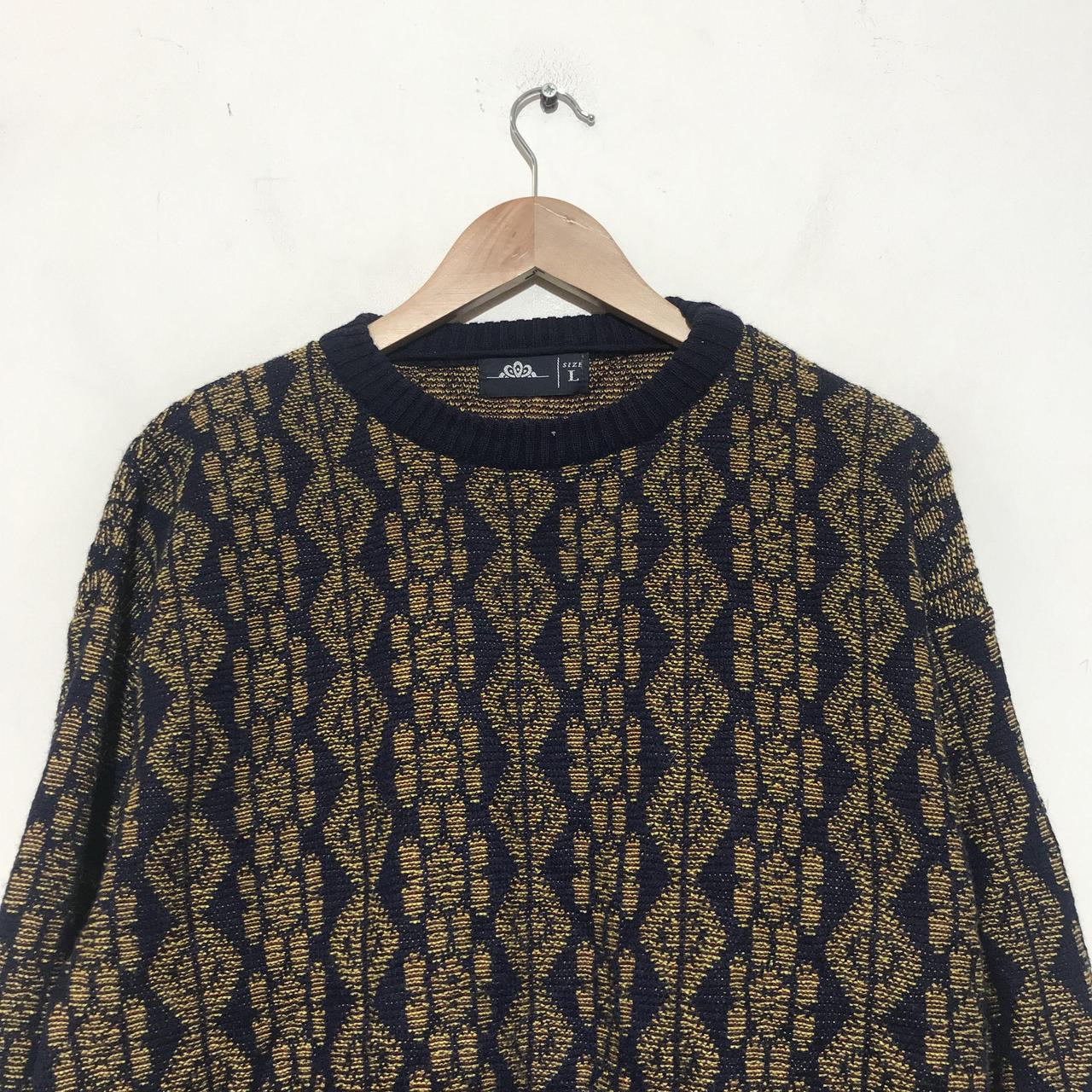 Vintage Navy & Yellow Patterned Knitted... - Depop