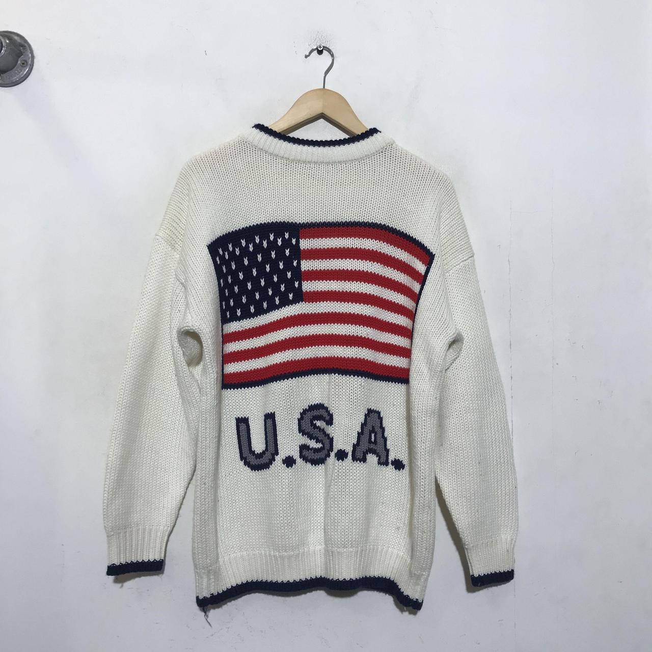 Vintage 90s Cream USA Flag Patterned Knitted Jumper... - Depop