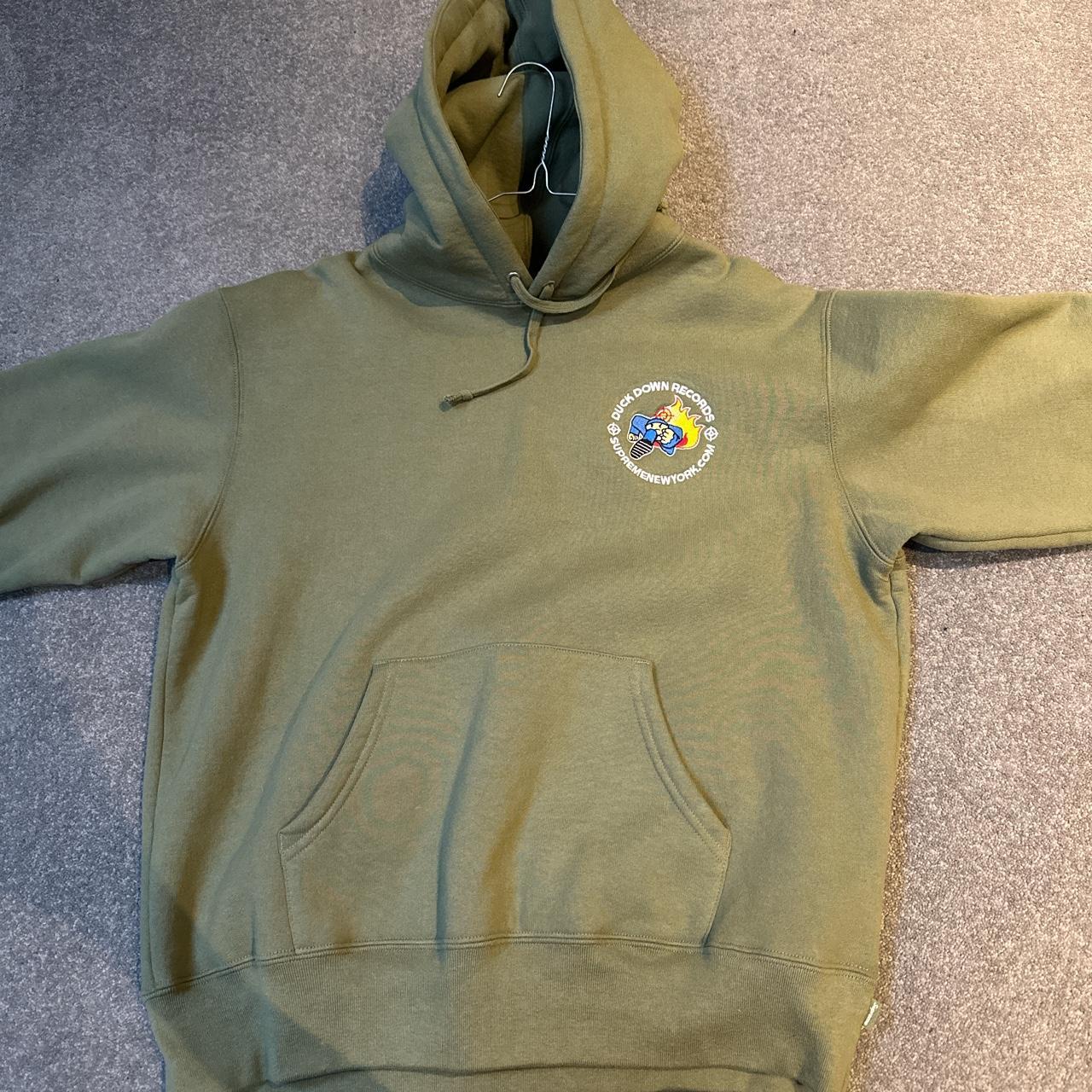 Green supreme duck down records hoodie, Size...