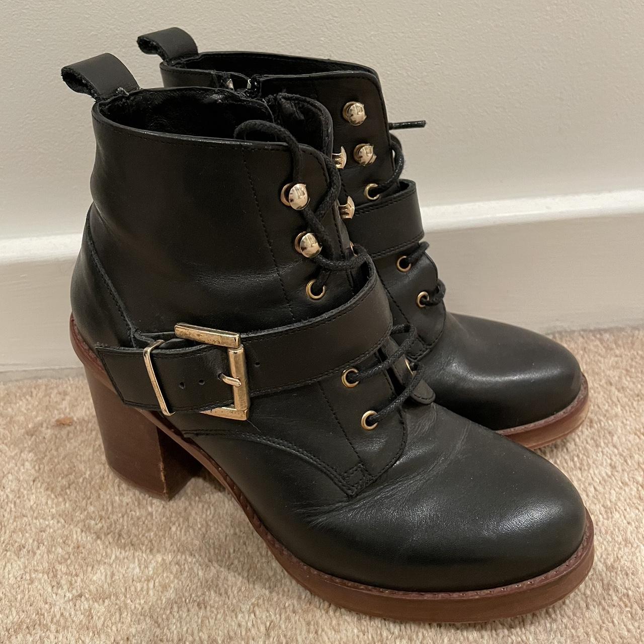 Black leather lace up ankle boots by Office. Gold... Depop