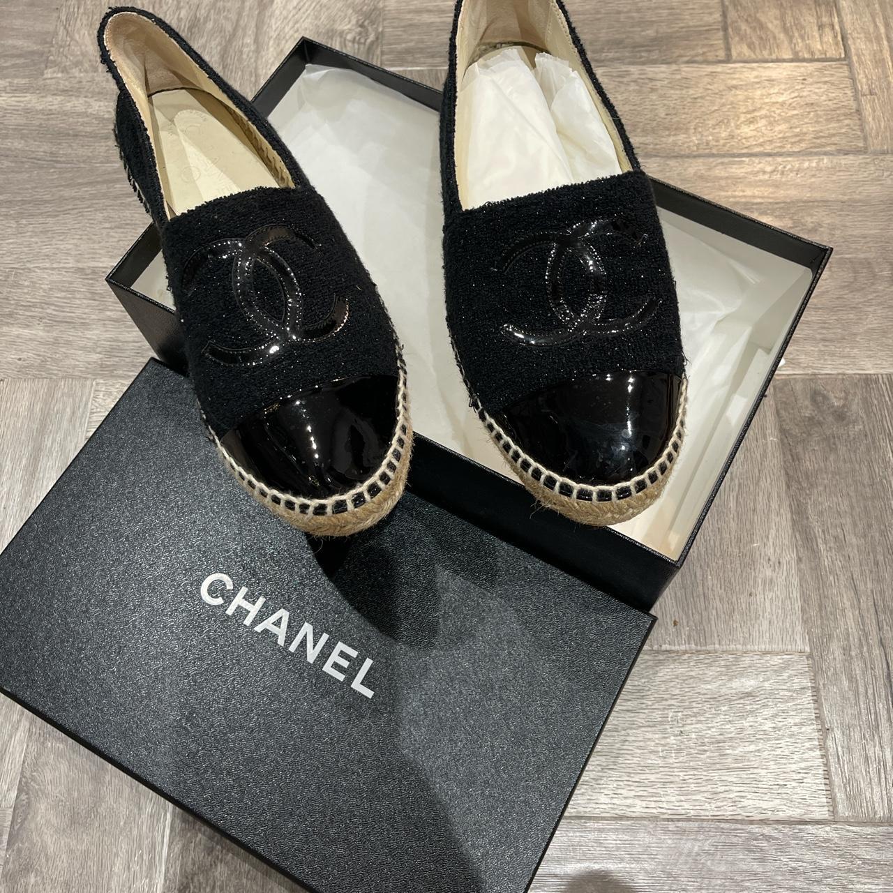 Chanel espadrilles Black with patent toe and CC on... - Depop