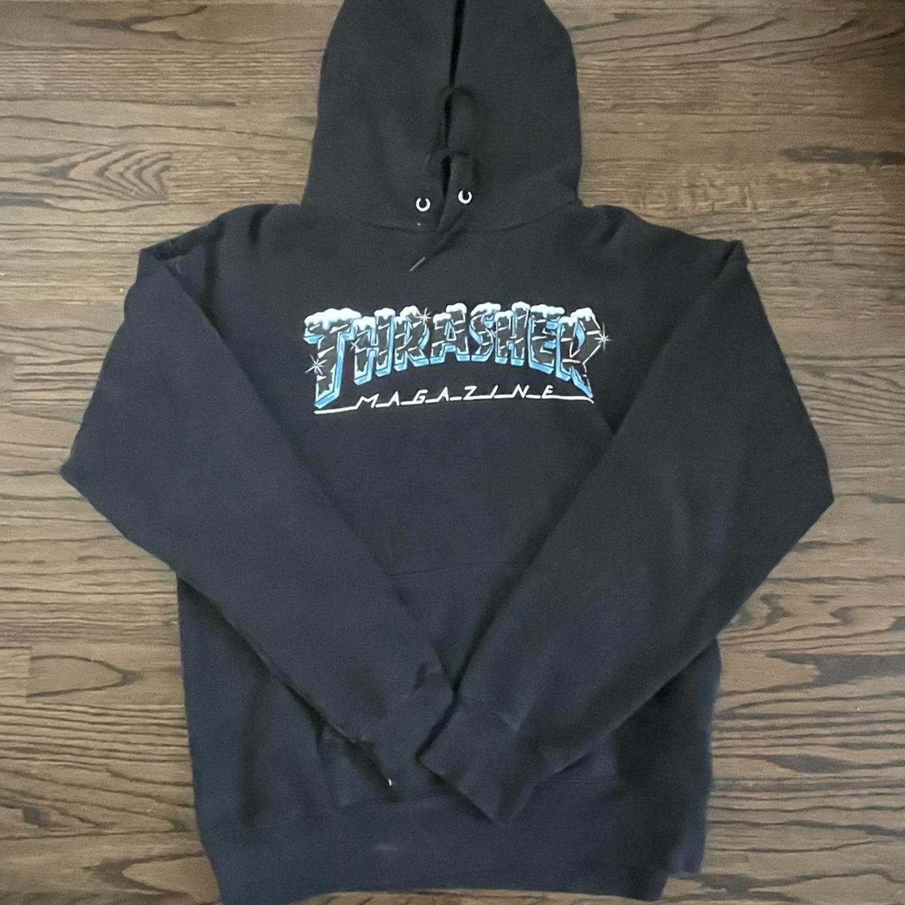 Thrasher hoodie black with ice font Depop