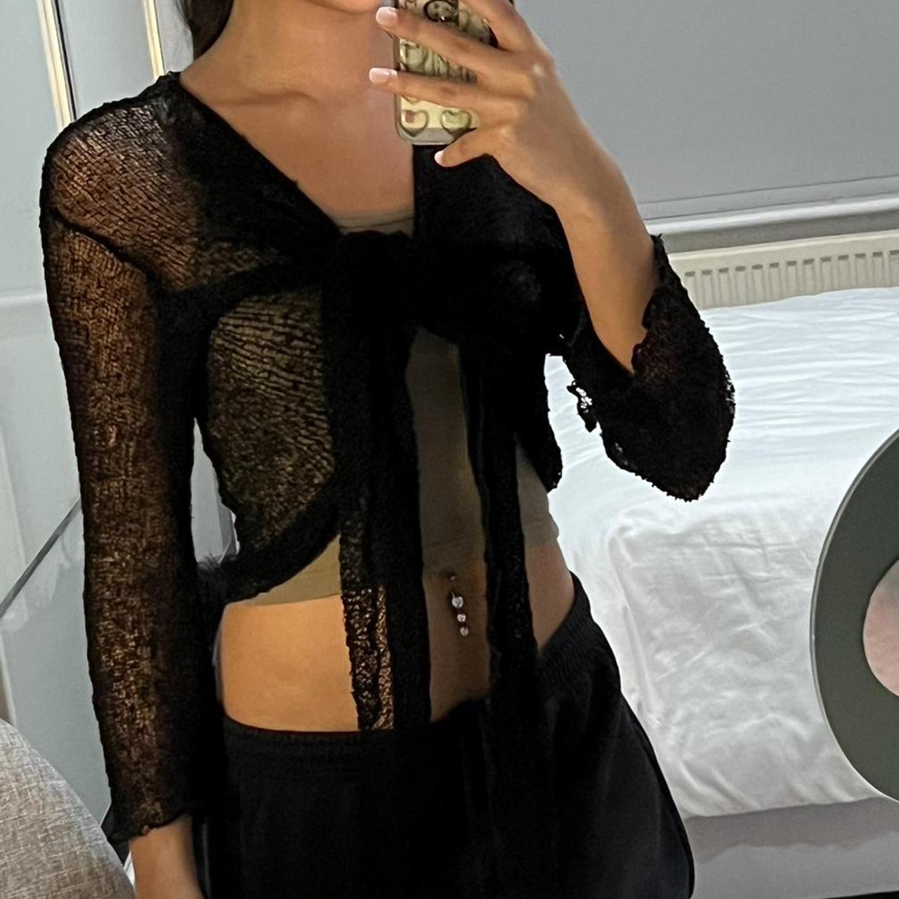 Black fine knit cardigan top with front tie🖤 So cute... - Depop