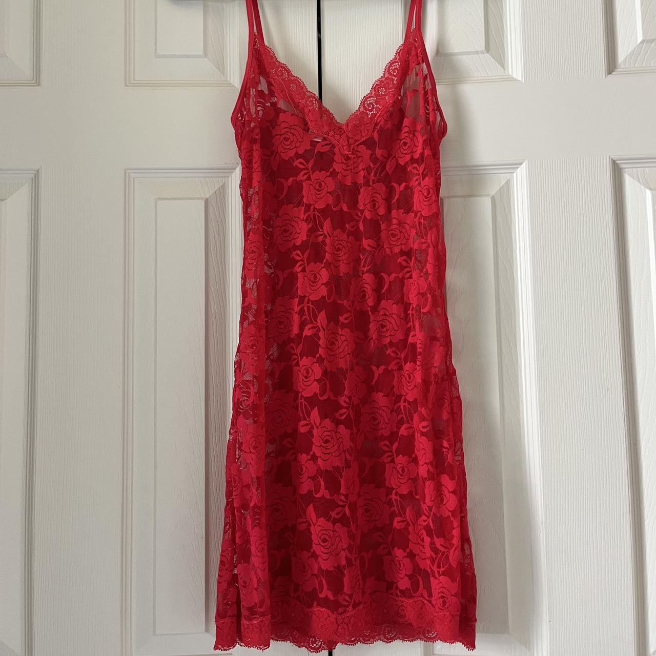 Vintage lingerie red lace dress Sheer floral... - Depop