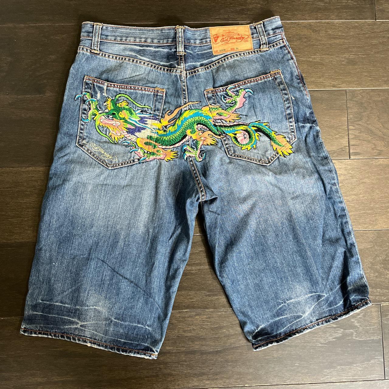 ED HARDY DRAGON EMBROIDERY JORTS WAIST:36”... | Depop