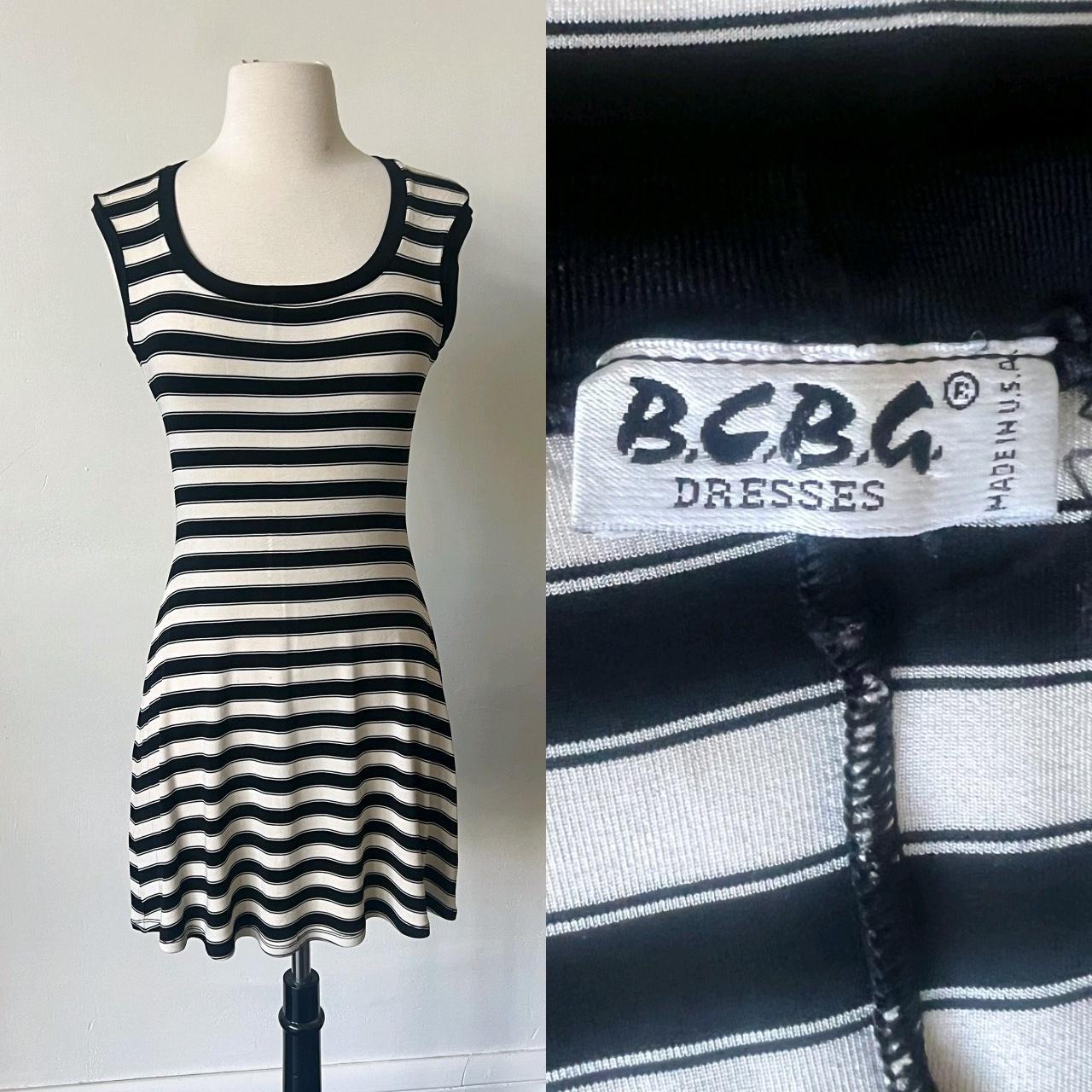 Vintage BCBG Black and White Striped Grunge Dress Depop