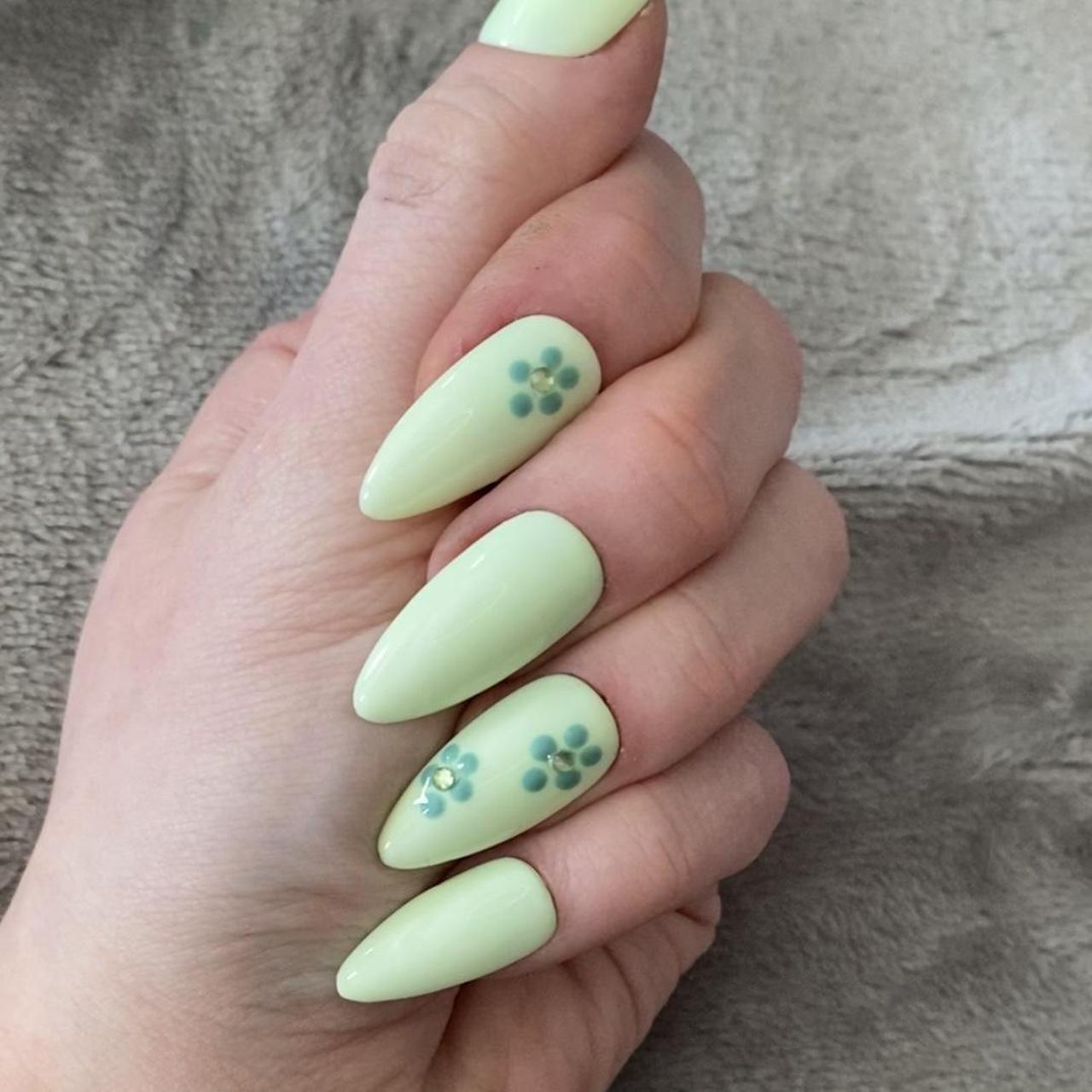 Pastel Green almond nails with flower design and... Depop