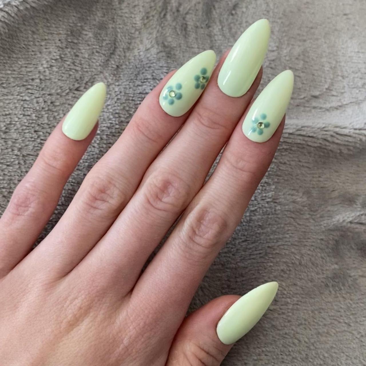 Pastel Green almond nails with flower design and... Depop