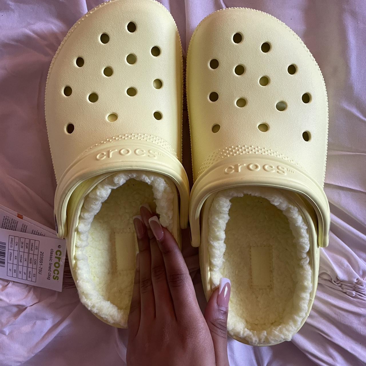 Yellow fuzz store lined crocs