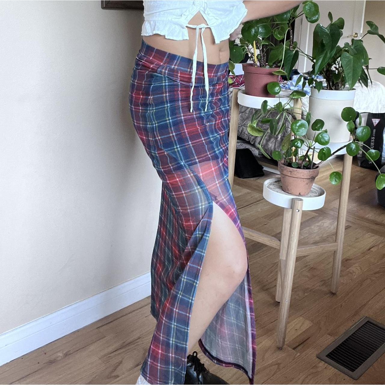 UNIF sheer mesh red and blue plaid maxi skirt Depop