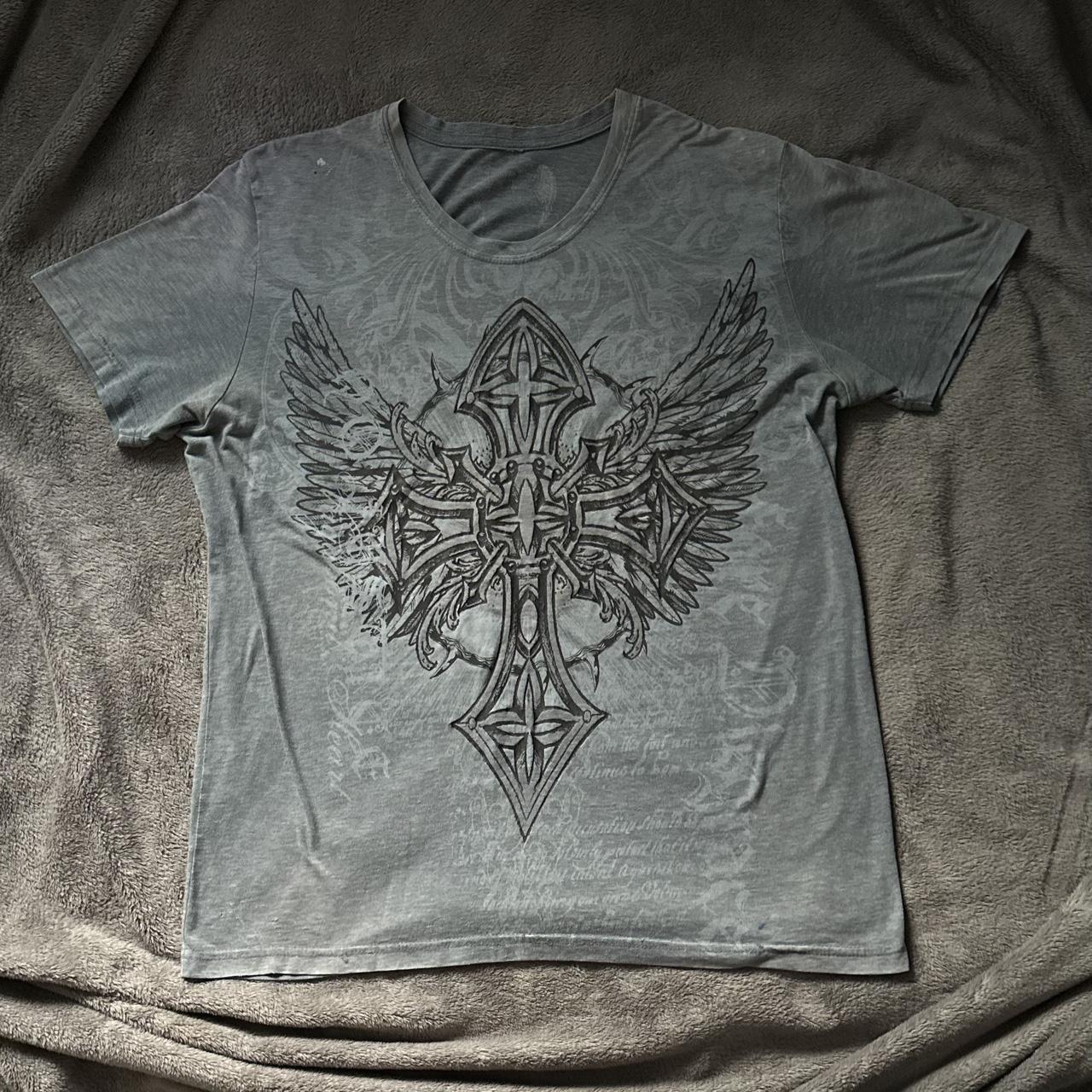 Affliction Men's Grey and Black T-shirt | Depop