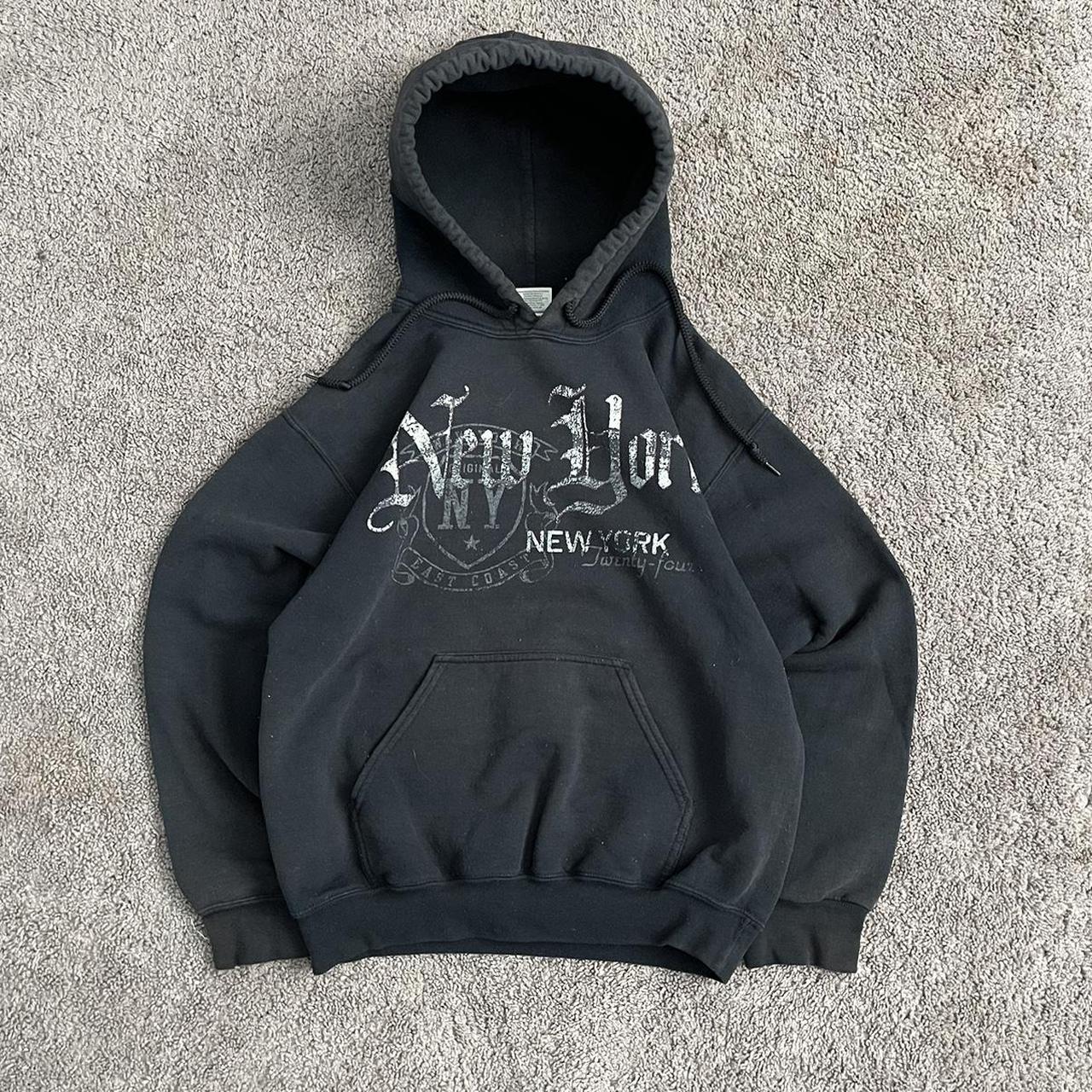 Y2K style New York black baggy hoodie. Size:... - Depop