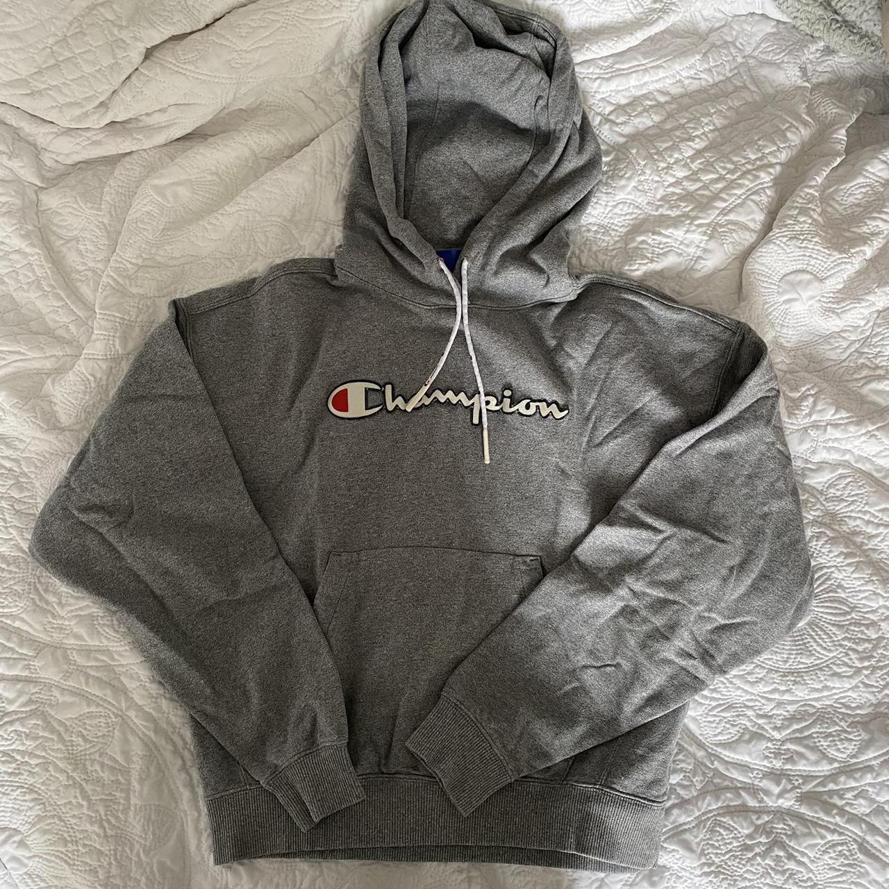 grey champion hoodie logo is peeling off a bit but... - Depop