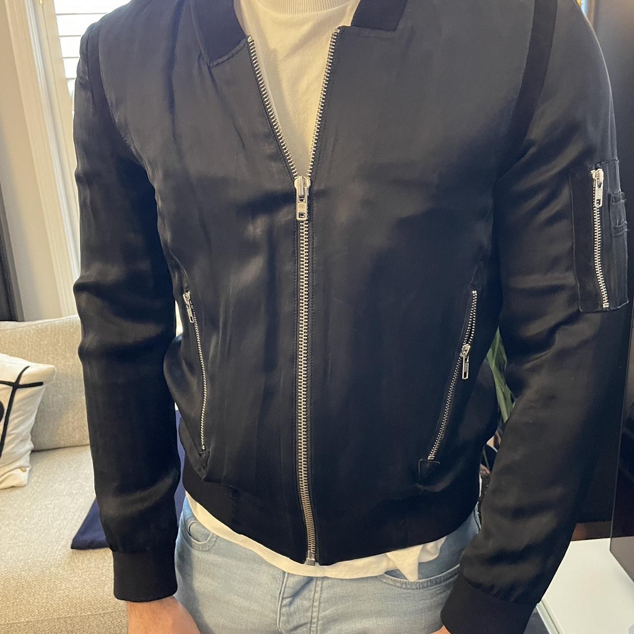 Men’s Kooples black bomber jacket satin effect... Depop