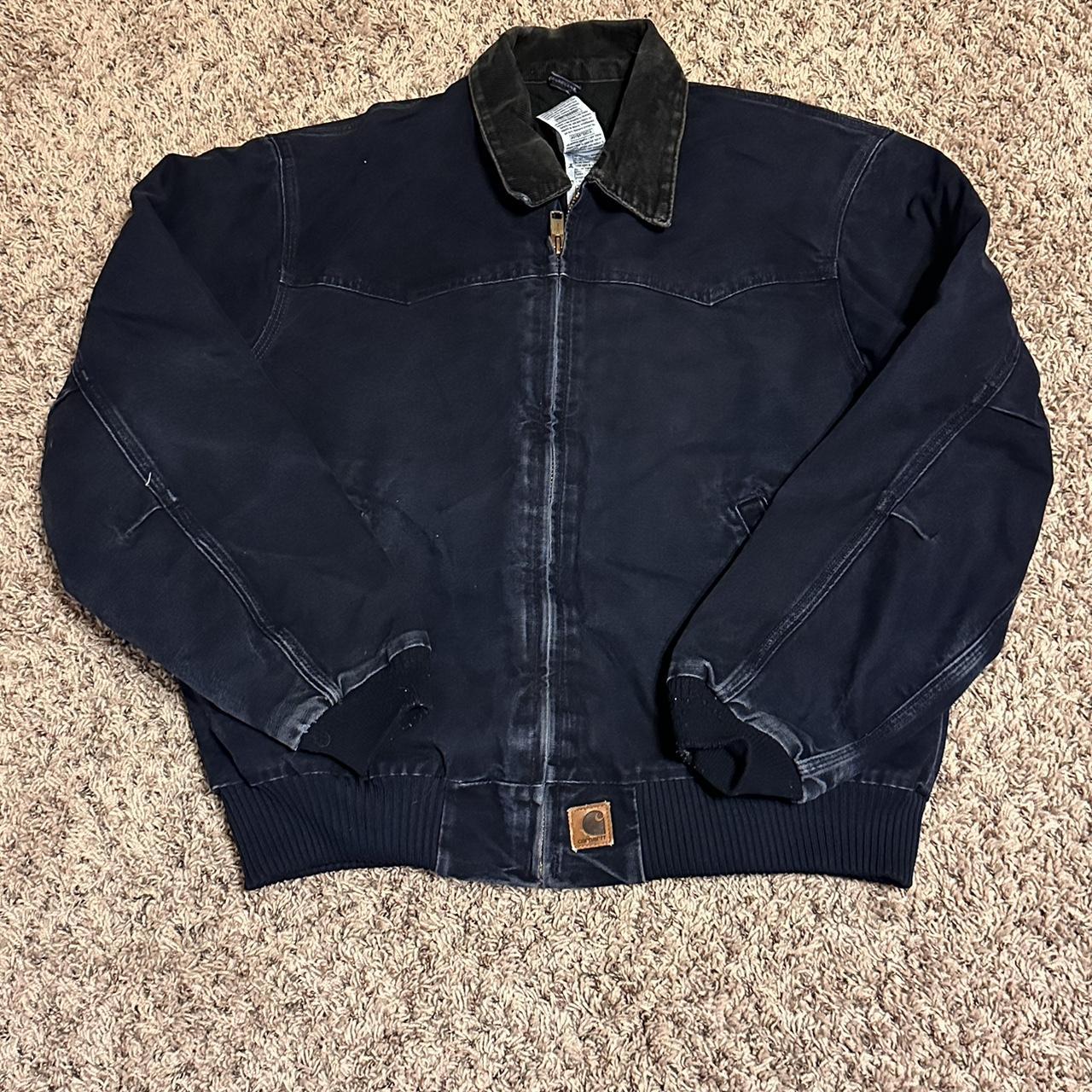 Vintage Carhartt L blue denim Detroit style jacket... - Depop