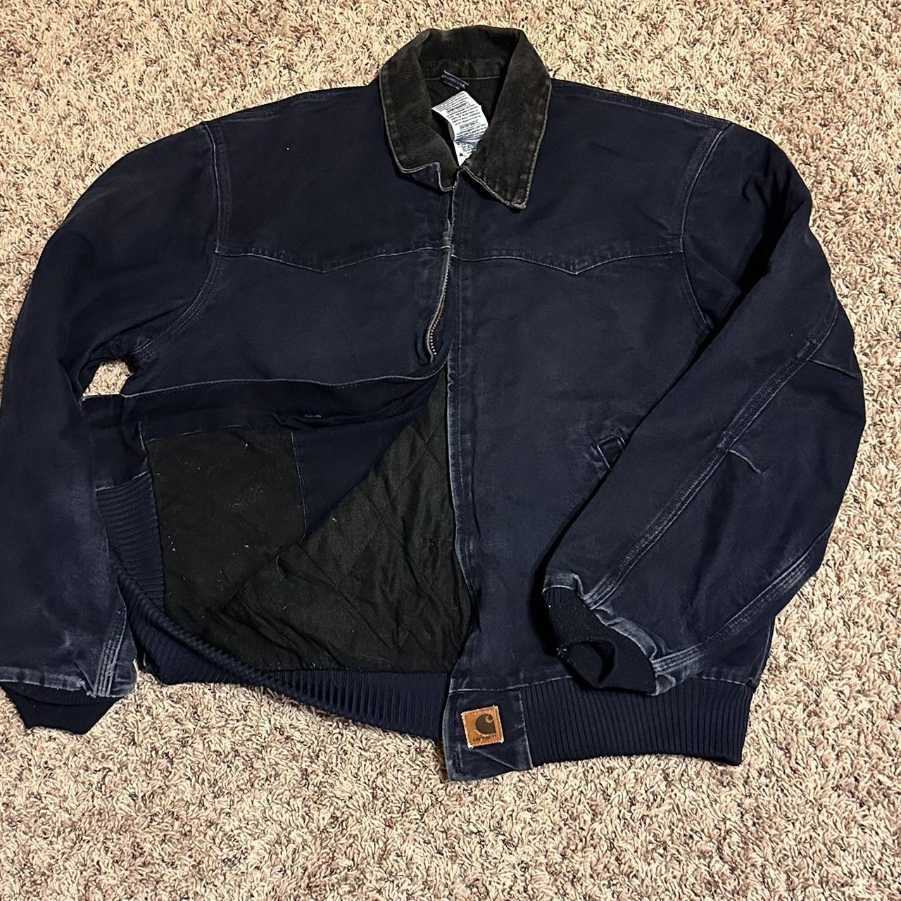 Vintage Carhartt L blue denim Detroit style jacket... - Depop