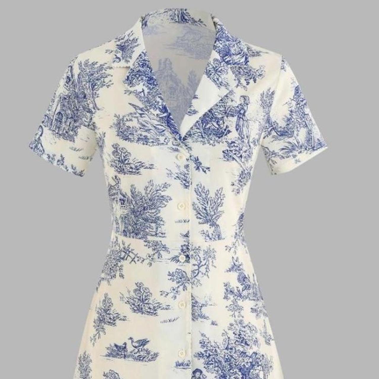 Cider blue/ivory Toile de Jouy mini shirt dress with... Depop