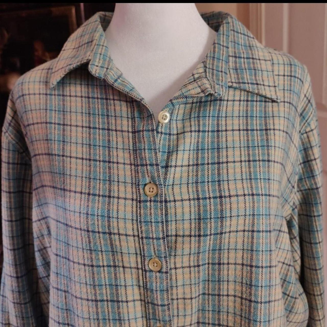 Cabela's Women's Tan and Blue Blouse | Depop