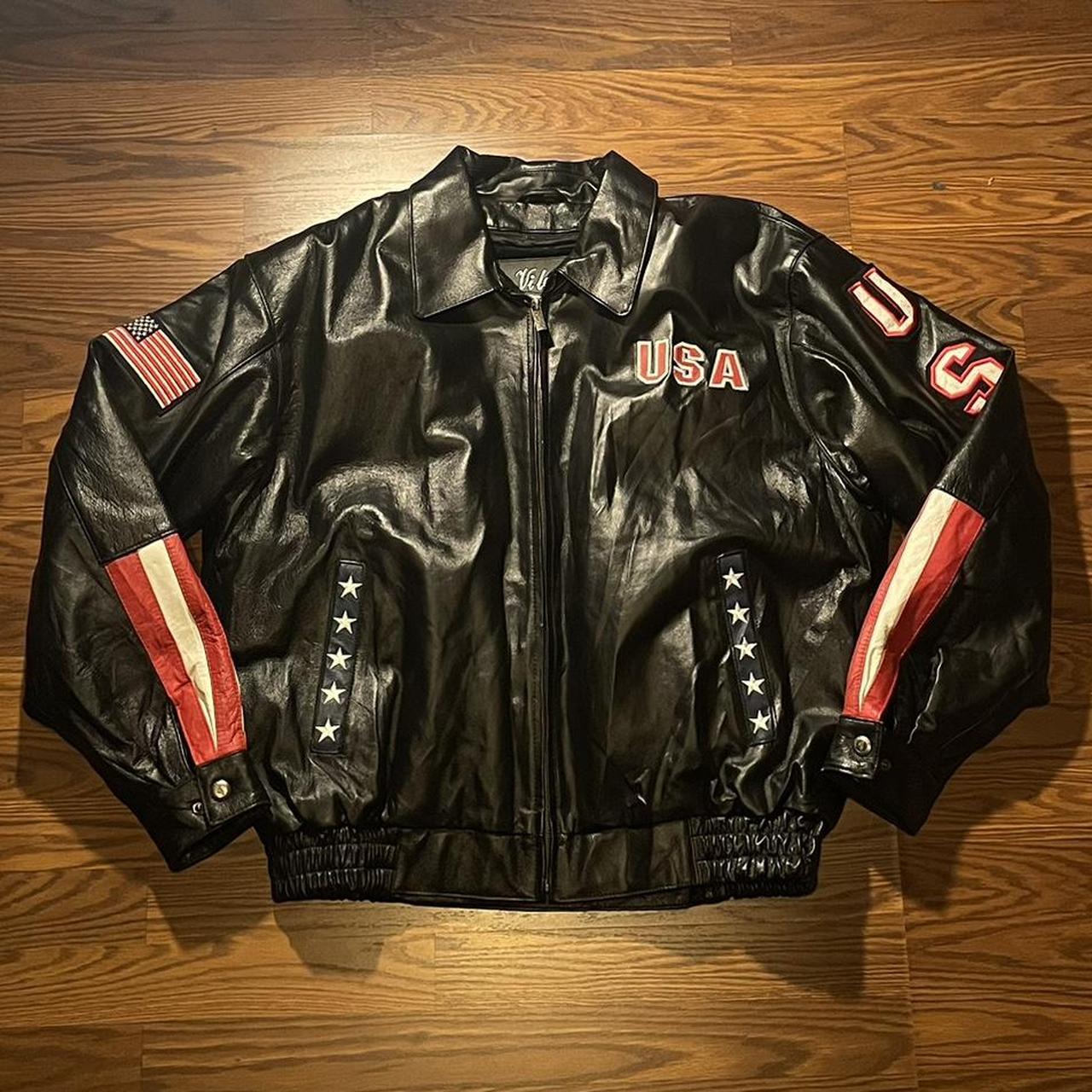 Popular Vintage Leather USA Jacket USA Eagle Flag Black Bomber Motorcycle JACKET XL.