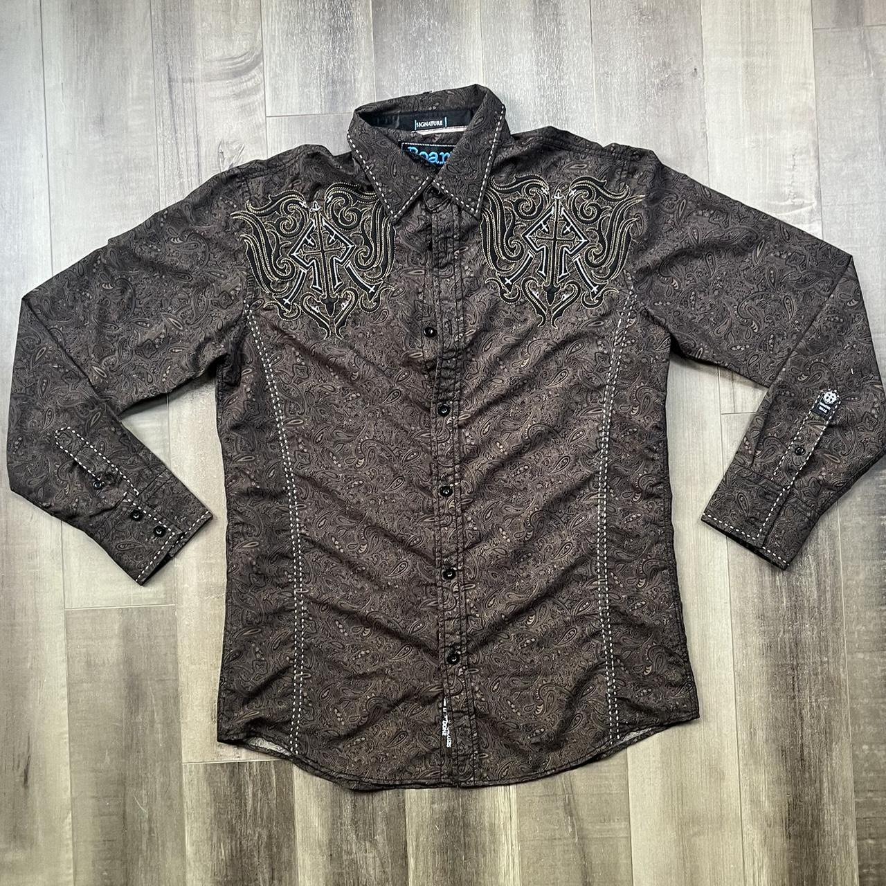 Roar Shirt Mens M Brown Signature Distressed Long... - Depop