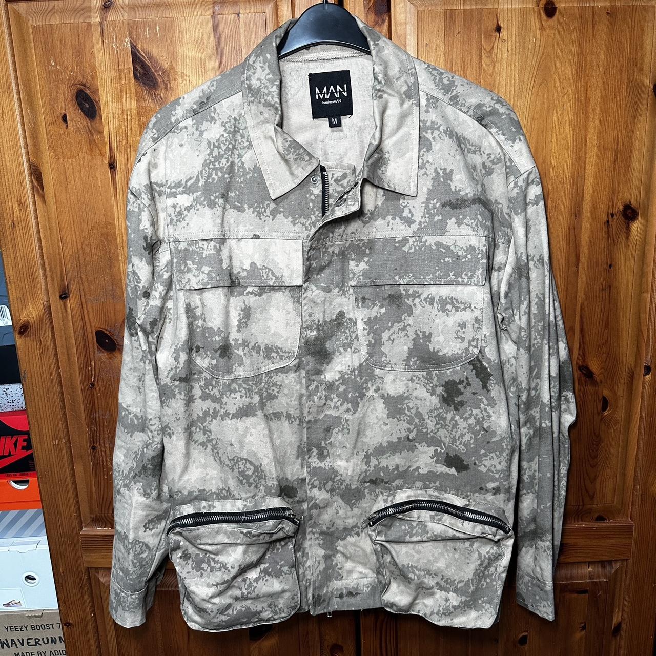 Boohooman jacket clearance in khaki camo