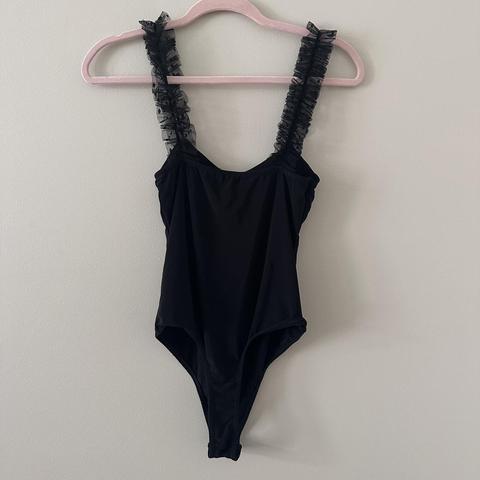 Black Dobby Mesh Frill Strap Slinky Bodysuit