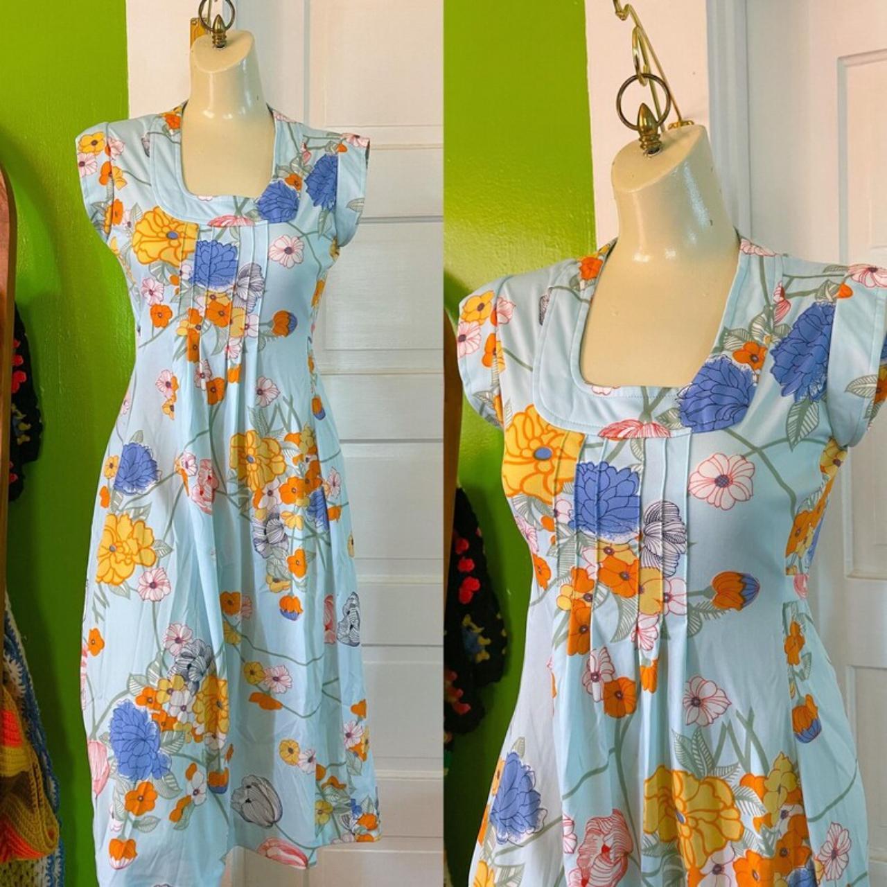 60s 70s Gorgeous Light Blue Floral Mulitcolored... - Depop