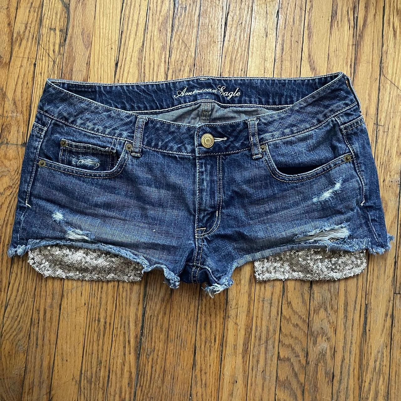 distressed micro cut off denim shorts with sequin... - Depop