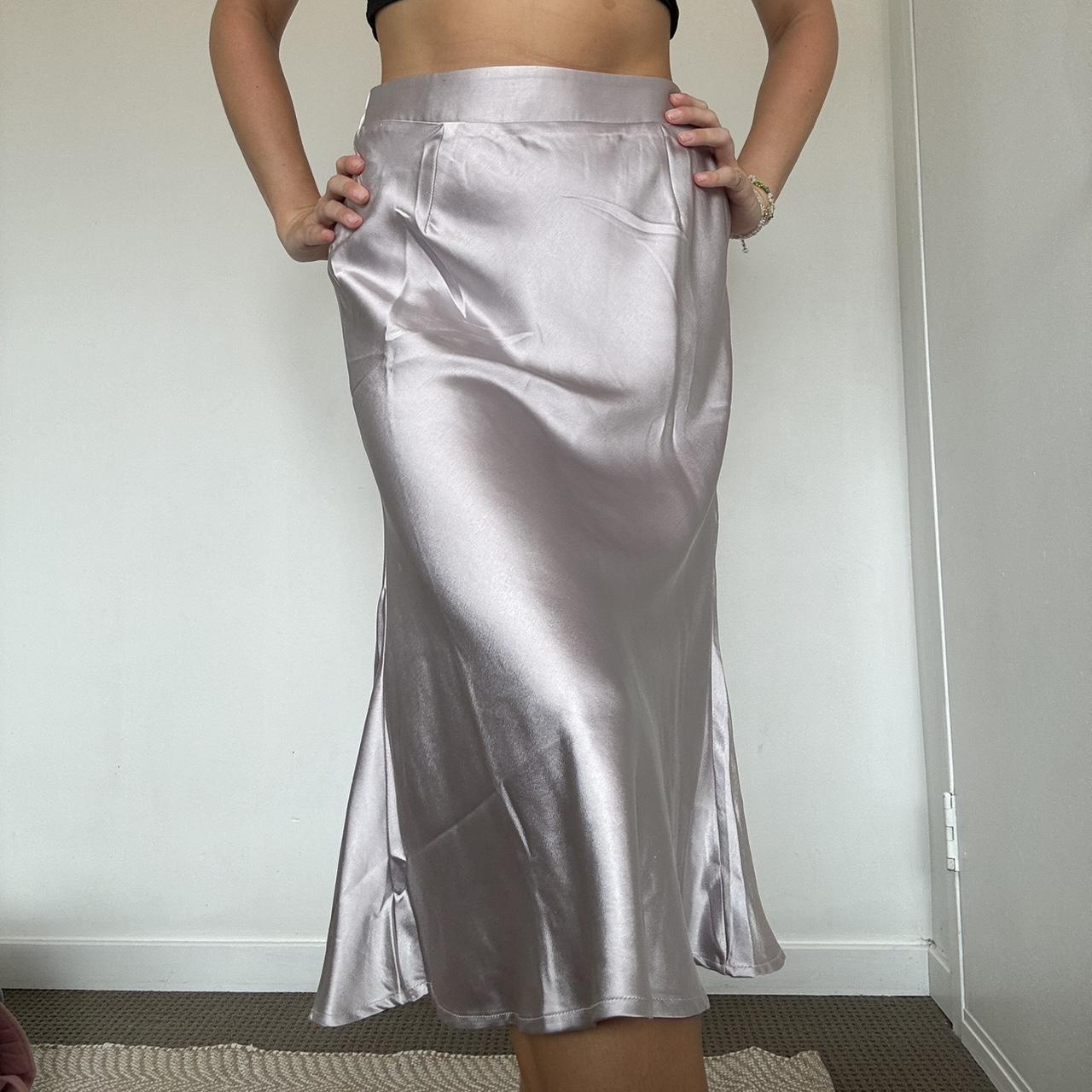 Lilac/silver satin midi skirt House of sienna Size... - Depop