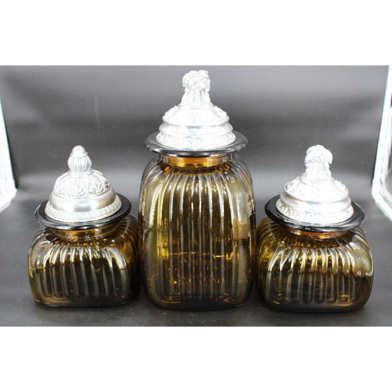 Vintage Artland Amber Glass Canister Set With Pewter... Depop