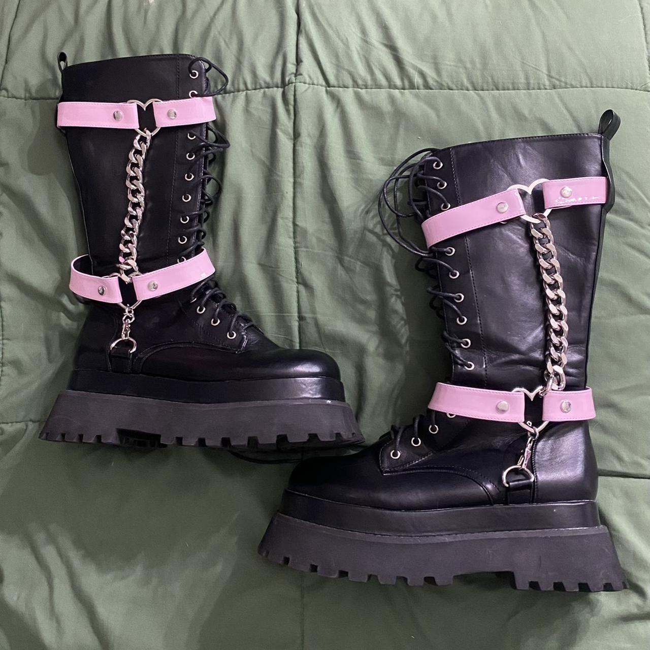 DOLLS KILL black platformed boots with pink... - Depop