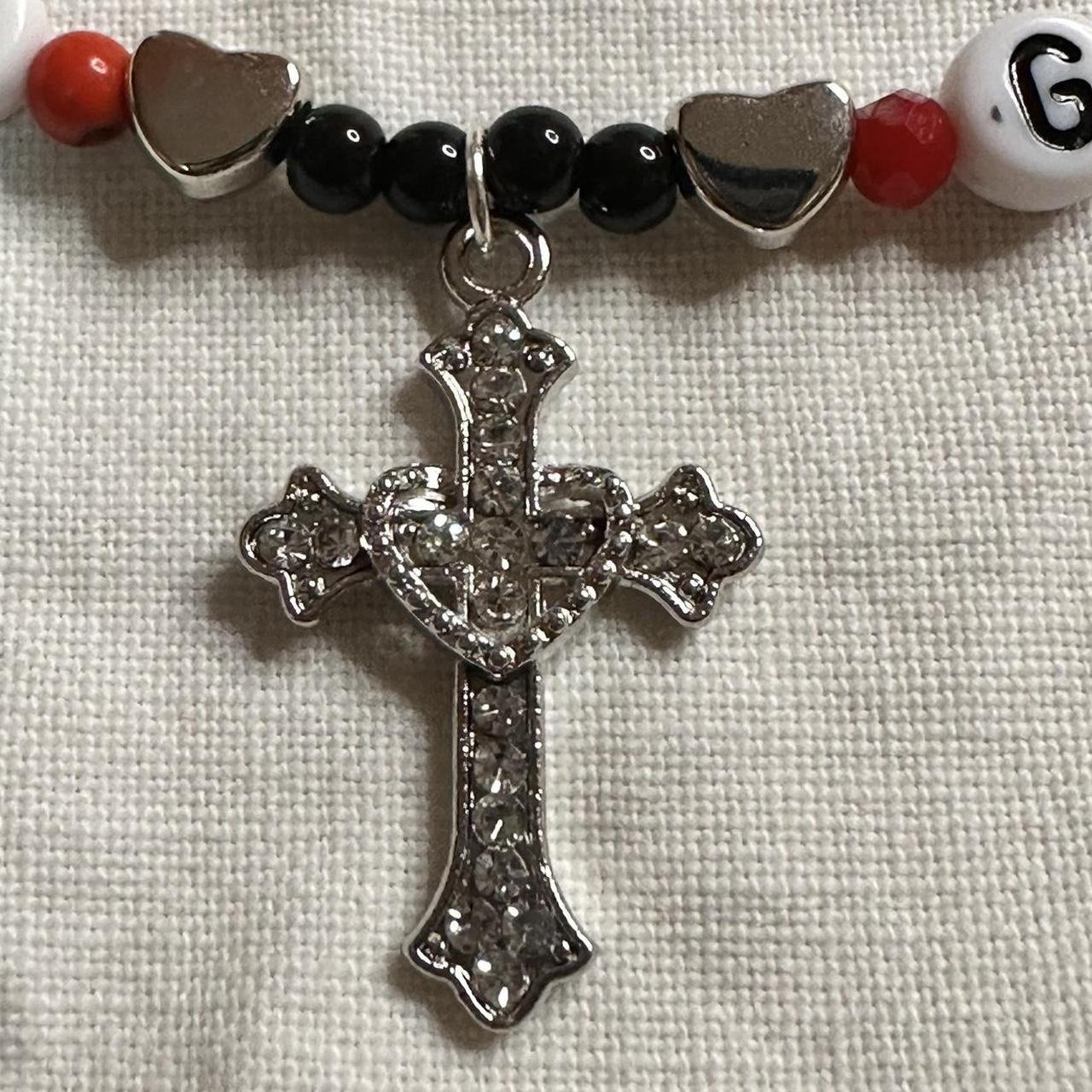 G59 beaded necklace with heart cross Red g59 goth... - Depop