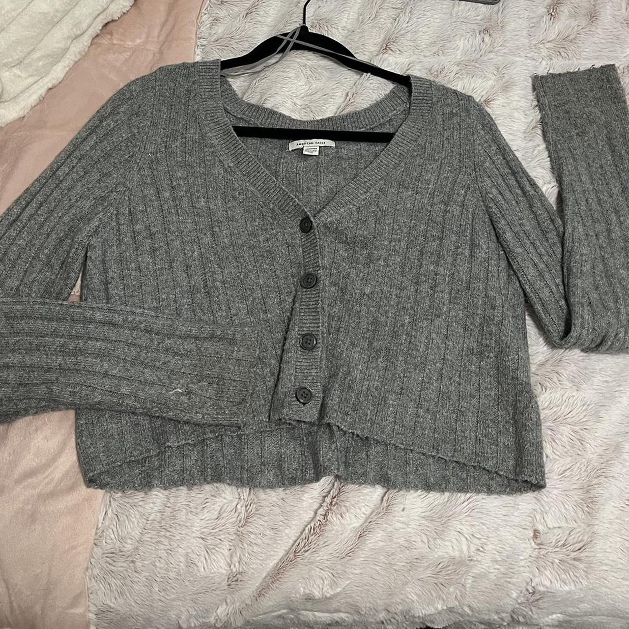 XS American Eagle Gray Sweater/Cropped Cardigan - Depop