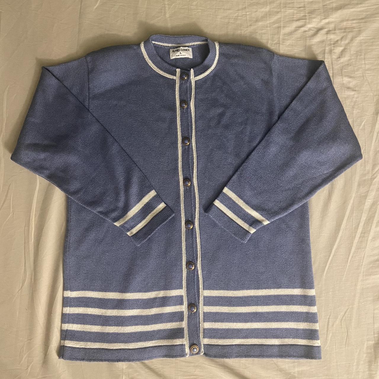 Alfred Dunner Women's Blue and White Cardigan | Depop